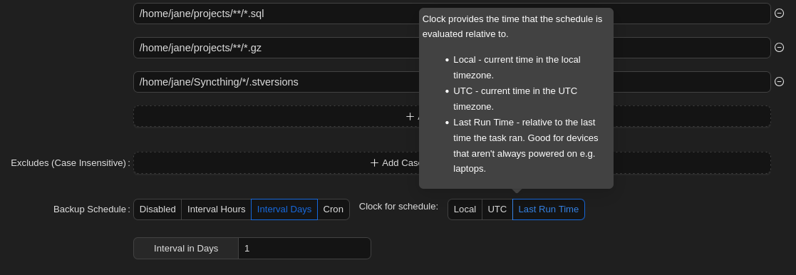 Backup schedule in-line help
