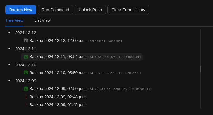 Tree view of snapshots